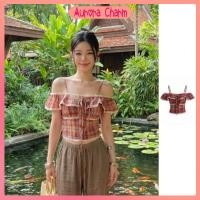 ราคา Aurora Charm เสื้อครอปเปิดไหล่ สายเดี่ยว ลายสก๊อตสีแดง แต่งลูกไม้ โบว์หน้า สไตล์เกาหลี น่ารัก Top (55302964041)