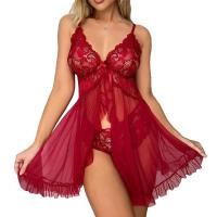 ราคา MnWomen Sexy Nightwear Lace Transparent Lingerie Set T-back Thong Ultra-thin Sleepwear Solid Erotic Underwear Set Lounge (28215931420)