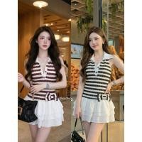 ราคา มินิเดรส ผ้าถักยืดลายขวาง แต่ปกเสื้อเชิ้ตสีขาวฃกระโปรงสีขาวระบายซ้อนหลายชั้น มีโบว์ผูกด้านข้างเอว (51155729267)