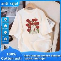 ราคา เมราห์ เสื้อยืดแขนสั้นผู้หญิง ผ้าฝ้ายแท้ 100% - การ์ตูนกระต่ายลายกับดอกไม้ดอกทิวลิปสีแดงสไตล์เย็บปักถักร้อยเลียนแบบลําลองต่อต้านถักสบา (58004172467)