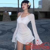 ราคา Topone-women Off-Shoulder Dress Sheer Drawstring Ruched Long Sleeve Party Mini Dress (25172867814)