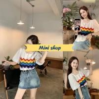 ราคา Mini shopพร้อมส่ง (C632-1) เสื้อถักผ้าไหมพรม ลายทางสีรุ้ง แขนชีฟองคอหยัก -C (23068235855)