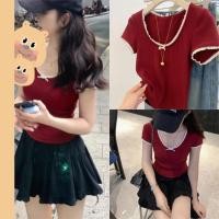 ราคา bearbraเสื้อยืดสไตล์วินเทจ สีสันตัดกัน ดีไซน์คอเสื้อ เสื้อยืดแขนสั้นสีแดงผู้หญิง ตกแต่งขอบเชือกกระต่ายและลูกไม้ ขอแนะนำอย่างยิ่ง (27489282762)