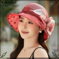 ราคา หมวกถังพิมพ์ ARREBUL, หมวกกันแดดลายจุดประดับดอกไม้ Organza, แฟชั่นป้องกันรังสียูวีหมวกชาวประมงปีกกว้างระบายอากาศกลางแจ้ง (49806556341)