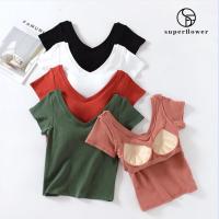 ราคา Superflower มาใหม่ เสื้อยืดโยคะ คอวี ผ้าฝ้าย พร้อมแผ่นรองหน้าอก ไม่มีโครง คัพ สําหรับผู้หญิง (25809264889)