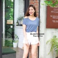 ราคา เสื้อยืดคอกุ้นเปิดไหล่ข้าง สีชมพูกะปิ สไตล์เกาหลี (3641019652)