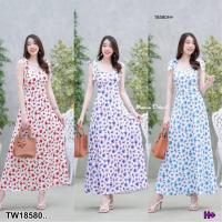 ราคา J18580 เดรสยาว ผูกโบว์ไหล่ลายดอกไม้ Long dress with bow tie at the shoulder, floral print (20078074943)