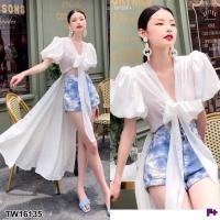 ราคา เสื้อเชิ้ตผูกหน้า เสื้อแขนบอลลูนจั้มปลายพองๆผูกโบว์หน้า ด้านหลังชายยาว (26014330089)