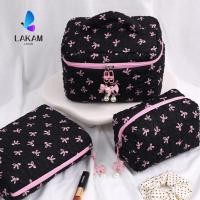 ราคา LAKAM กระเป๋าแต่งหน้า สีชมพู Bowknit Print Cosmetic Bag กระเป๋าเดินทางความจุขนาดใหญ่ (40778871514)