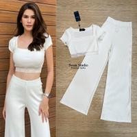 ราคา เซตเสื้อครอปแต่งลูกไม้ + กางเกงขายาว งานป้าย S M L (8561055808)