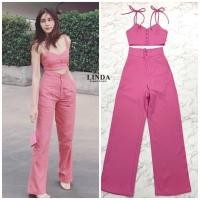 ราคา ป้ายLINDA set เสื้อครอปสั้น + กางเกงขาวขาสีเดียวกัน สีม่วงมีกระเป๋า2ข้าง เสื้อสายผูกเป็นโบว์ได้ สีชมพู (4646374281)