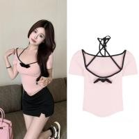 ราคา พร้อมส่ง เสื้อครอปผู้หญิงแต่งโบว์ แขนสั้นคอเหลี่ยมสีชมพู (24479325711)