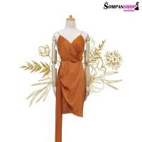 ราคา ชุดราตรี ชุดออกงาน ชุดไปงานแต่งงานสีน้ำตาลอิฐเดรสสั้นออกงานสายเดี่ยวเอวระบาย (5951491789)