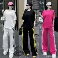 ราคา ชุดสูทแฟชั่นอเมริกันสำหรับผู้หญิง สไตล์ฤดูร้อนใหม่ เสื้อยืดแขนสั้นเรียบง่าย ลายทางด้านข้าง กางเกงขากว้าง ชุดสูท 2 ชิ้น (43523484818)