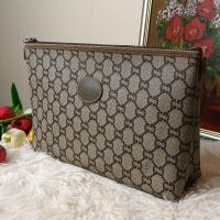 ราคา Used GUCCI PLUS GG Pattern PVC Canvas Clutch Bag Cosmetic Pouch Purse Vintage Beige Brown กระเป๋าแบรนด์เนมมือสอง (16962808635)