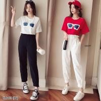 ราคา เสื้อยืดแขนสั้นแต่งเว้าไหล่ข้างเดียว+กางเกงเอวยืดระบาย อก 32-36 เอว 26-32 ยาว 36 นิ้ว (1745316206)