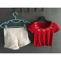 ราคา ชุดเซ็ท เสื้อแขนสั้นไหมพรมสีแดง กางเกงขาสั้นสีขาวผ้าลูกไม้ จับจีบปลายขา ไซส์s เอวสม็อคหลัง มือ2 สภาพดี (2088469192)