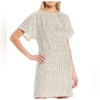 ราคา VINCE CAMUTO Sequin Short Sleeve Shift Dress Peachy Pink Size 10 (41752212123)