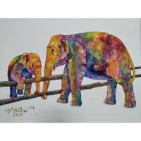 ราคา ภาพเขียนสีน้ำมันรูปแม่ช้างและลูกช้างในรั้วไม้ (5854956798)