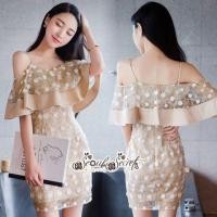 ราคา เดรสเปิดไหล่ สีครีมทอง แต่งลูกไม้ สวยหรู (2275846933)