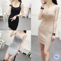 ราคา มินิเดรสสายเดี่ยวไหมพรมผ้าร่อง ทรงเข้ารูป แต่งกระดุมด้านหน้า (43562726681)