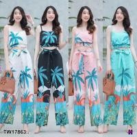 ราคา 17863 Set 2 ชิ้น สุดชิคพร้อมส่งค่า เสื้อครอปสายเดี่ยวลายต้นมะพร้าว เอวจั้มตัดต่อมีสม๊อคที่เอว + กางเกงขายาวผูกโบว์เอว (20391433953)