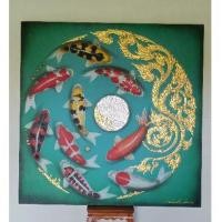 ราคา ภาพวาดปลาคาร์ฟ9ตัวหยินหยางร่ำรวยเงินทองพื้นสีเขียวขนาด80×80cm (4289186149)