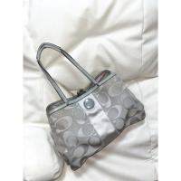 ราคา Coach มือสอง Signature Stripe tote bag in a metallic silver/grey fabric with a light blue/grey patent leather trim (51153325731)