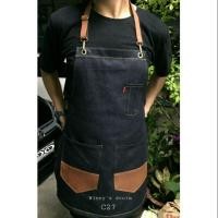 ราคา ผ้ากันเปื้อนยีนส์สีเข้ม รุ่นC27 สไตล์สายหนังคล้องคอปรับสายได้ พร้อมสายยีนส์ผูกเอวเข้ารูป กระเป๋าใบหน้าใหญ่สไตล์ทู-โทน (2801035202)