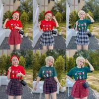 ราคา เซตคริสมาส เสื้อยืดคริสมาส เสื้อสีเขียว แดง +กระโปรงกางเกงลายสก๊อต (22410620058)