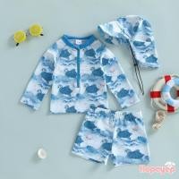 ราคา ZJTJJ - ชุดว่ายน้ำToddlerBoyลายต้นปาล์มแขนยาวคอกลม กางเกงขาสั้น และหมวก สำหรับพูลและหาด (47453008520)