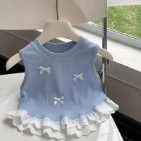 ราคา [เฮ้] 80-140 สาวโบว์เสื้อกั๊กสั้นเด็กทารกแฟชั่นลูกไม้ด้านบนเย็บแขนกุดรอบคอ เสื้อชั้นในสตรี (26610748452)