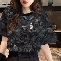 ราคา เสื้อยืดแฟชันผู้หญิง พิมพ์ลายดอกกุหลาบสีดำ ประดับด้วยเพรช สำหรับสวมใส่ทุกวัน มีให้เลือกตั้งแต่ไซส์ S ถึง 5XL (45306441653)