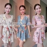 ราคา เดรส ป้ายหน้าแขนศอก ทรงกระดิ่ง กระโปรงบานพร้อมเชือกผูกเอว ลายดอกไม้ หลังสม็อก (778600161)