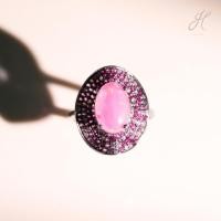 ราคา แหวนพิงค์โอปอล OV ล้อม CZ ฝังเพชร Pink Opal Oval Halo Ring with CZ & Diamond (28030585662)