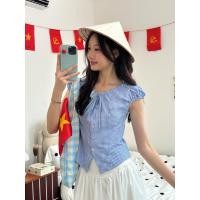 ราคา Joella: [KO] เสื้อพัฟลายตารางลายตารางลายตารางสีน้ําเงินและขาวพร้อมผูกโบว์ (40602582436)