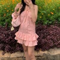 ราคา พร้อมส่งเดรสสไตล์เกาหลี สีส้มขาว ผูกคอ เกาะอก กระโปรง (มือสอง) (13199842614)
