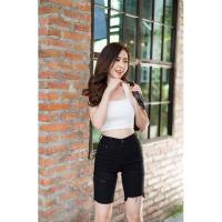 ราคา J-SHOP กางเกงยีนส์ขาดข้าง ทรงสามส่วนเข้ารูป สายเท่สีดำเข้ม (8922871634)