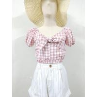 ราคา เสื้อปาดไหล่สก็อตโบว์หน้าชมพู พร้อมส่ง (7846160138)