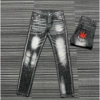 ราคา กางเกงยีนส์ขายาวปักลายใบไม้ด้านหลังกระเป๋ายืดทรงฟอกเพ้นท์ (42014548657)