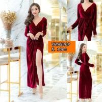 ราคา ชุดเดรสราตรีคอป้ายแขนยาว ผ่าหน้าขา มีซิปหลัง เนื้อผ้ากำมะหยี่ (7353839506)