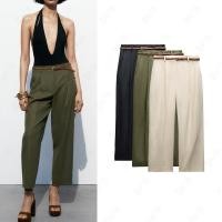 ราคา เอวสูงผ้าลินินถักเข็มขัดผสมกางเกงขาตรง 2753028 (23689956690)