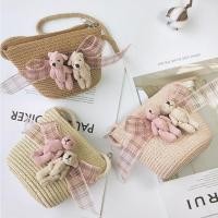 ราคา กระเป๋าเด็ก กระเป๋าสานเด็ก Kid straw bag แต่งตุ๊กตา ลายน้องหมี ลายหมู สายเชือกสะพายข้าง (2268924555)