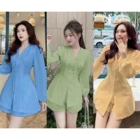 ราคา พร้อมส่ง ชุดเซตผ้าครัช เสื้อแขนยาวกระดุมมุกเล็กหน้า+กางเกง A3960 (29850377129)