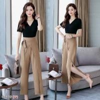 ราคา set2ชิ้น เสื้อคอวีแขนสั้นผ้าเรย่อน+กางเกงขาแหวก (4953238417)