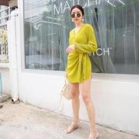 ราคา เดรสอัดพลีท สีเขียวมะนาว ฟรีไซส์ (6542665052)