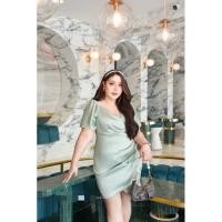 ราคา เดรสออกงานสาวอวบ เดรสสาวอวบ เดรสคอวี ไขว้อก ต่อกระโปรงจับจีบด้านหน้า (24703093523)
