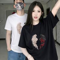 ราคา เสื้อยืดลายปีกสีขาว–ดำประดับดอกกุหลาบ สไตล์อาร์ตดาร์ก ใส่ได้ทั้งชายหญิง ทรงหลวมสบาย (41320705811)