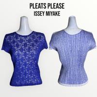 ราคา Pleats Please Issey Miyake เสื้อคอกลมแขนสั้นลูกไม้สีน้ำเงินด้านหลังอัดพลีส (27101958374)