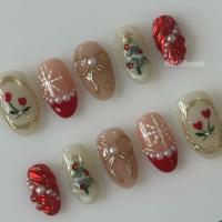 ราคา คริสต์มาสนูนมือวาดสวมใส่เล็บ อิน ดอกทิวลิปสั้นสีแดงมายากลกระจกสีชมพูเกล็ดหิมะเล็บ ปะ (56851052327)